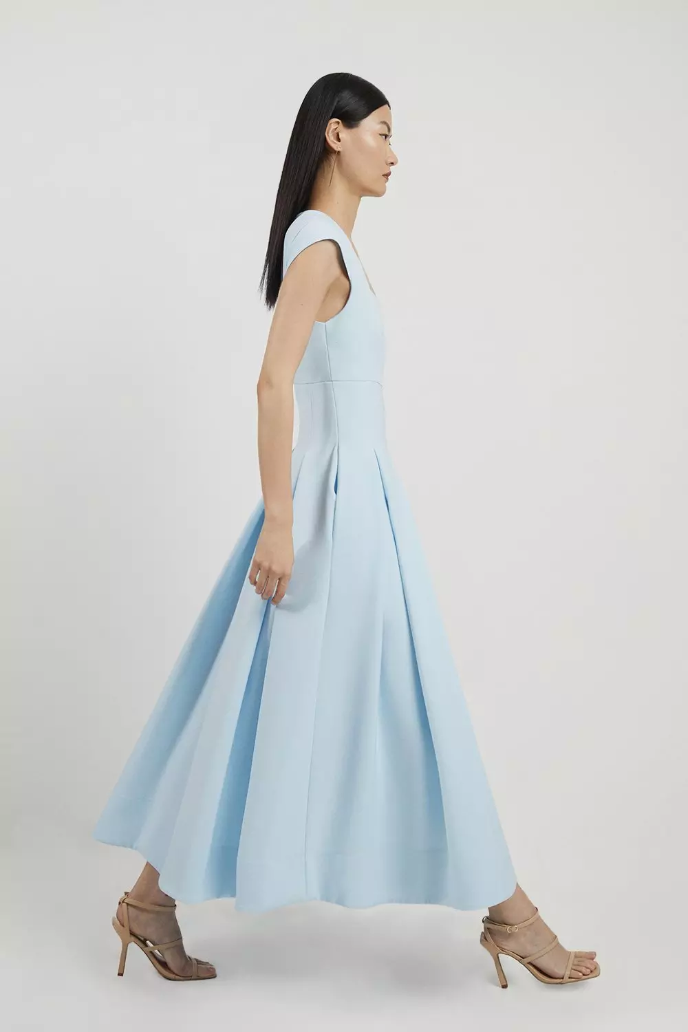 Petite Clean Tailored Square Neck Full Skirted Midi Dress